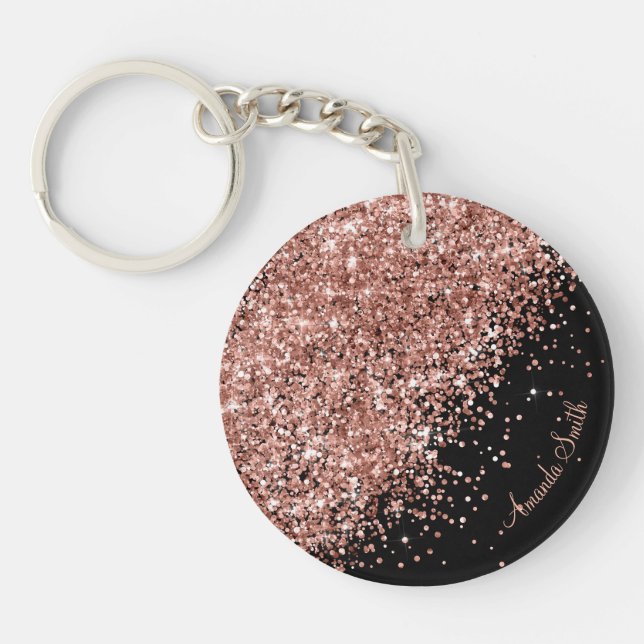 Rose Sparkle Glitter Black Text Customizable Keychain (Front)