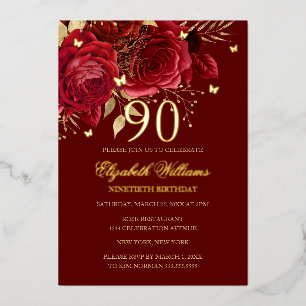 Rose Sparkling Butterfly Red 90th Birthday Foil Invitation