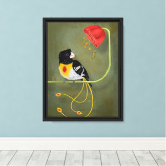 Rose Spotted Grossbeak Bird with Flower and Spider Canvas Print
