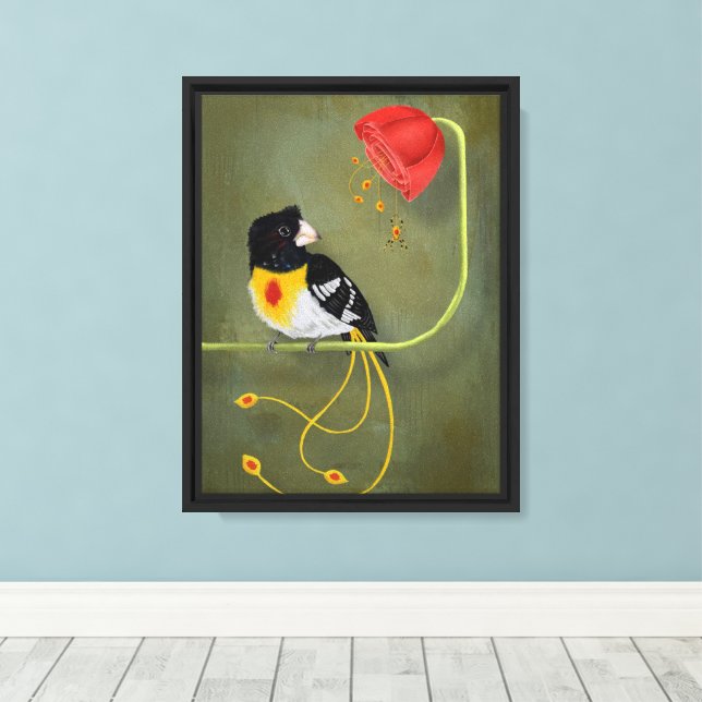 Rose Spotted Grossbeak Bird with Flower and Spider Canvas Print (Insitu(Wood Floor))