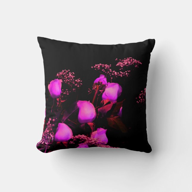 rose spray magenta against black throw pillow (Front)