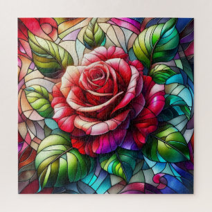 Rose Stained Glass Effect Elegant Floral Design Jigsaw Puzzle
