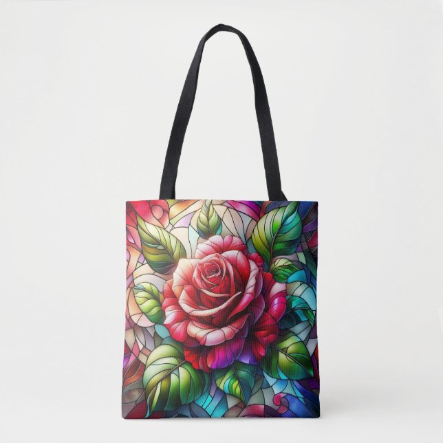Rose Stained Glass Effect Elegant Floral Design Tote Bag (Front)