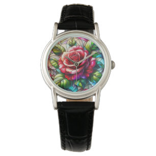 Rose Stained Glass Effect Elegant Floral Design Watch