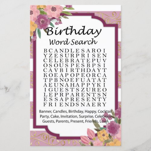 Rose Striped Birthday word search game | Gabriel Angel Design