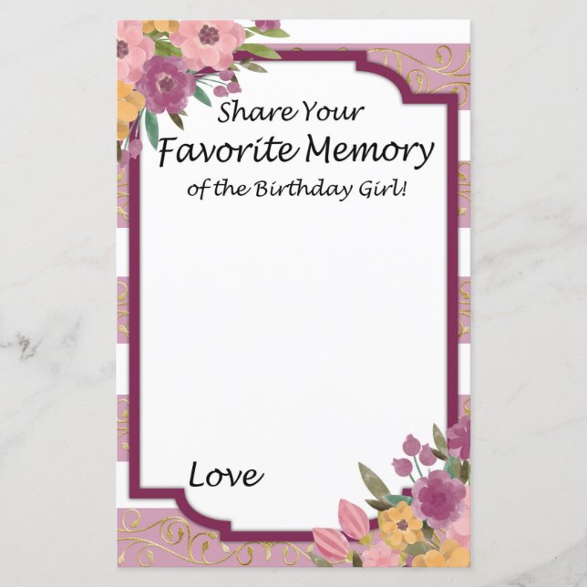 Rose Striped Favorite Memory of the Birthday Girl (Front)