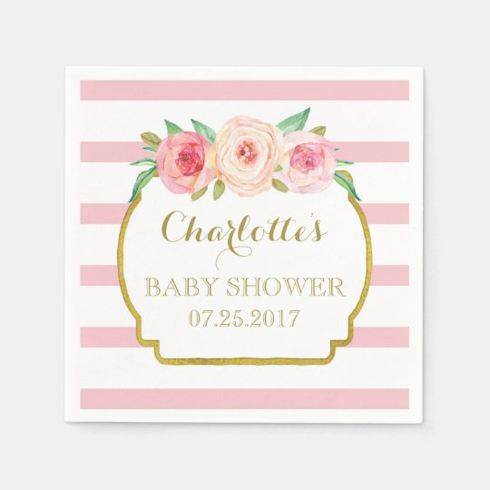 Rose Stripes Gold Pink Floral Baby Shower Napkin Zazzle Com