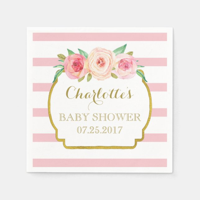 Rose Stripes Gold Pink Floral Baby Shower Napkins (Front)