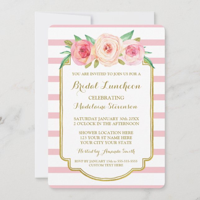 Rose Stripes Gold Pink Floral Bridal Lunch Invitation (Back)