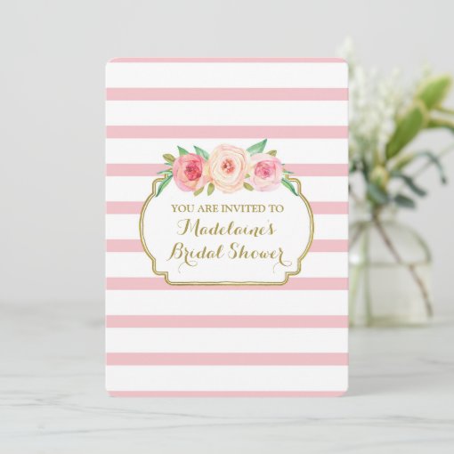 Rose Stripes Gold Pink Floral Bridal Shower Invitation Zazzle