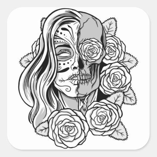 Rose Sugar Skull Girl Square Sticker
