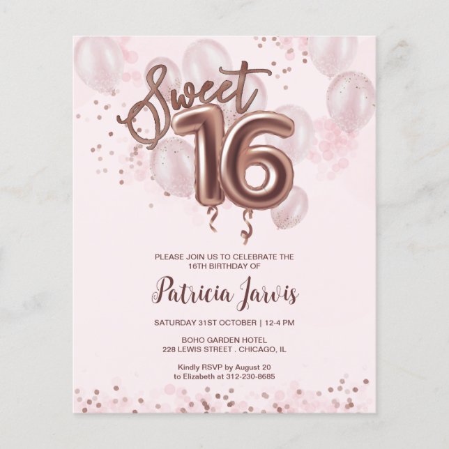 Rose Sweet 16 Bday Balloons Budget Invitations (Front)