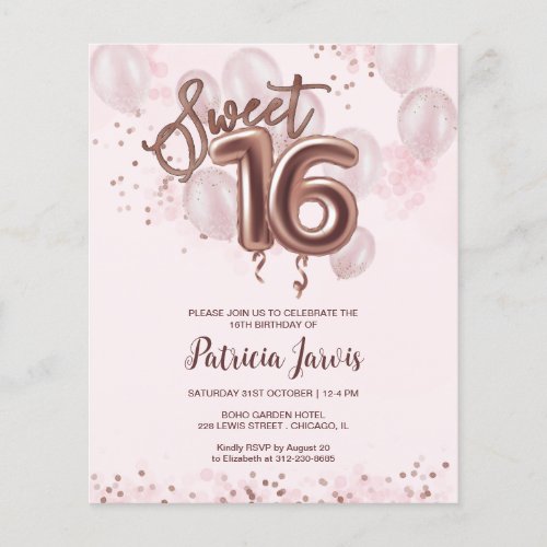 Rose Sweet 16 Bday Balloons Budget Invitations