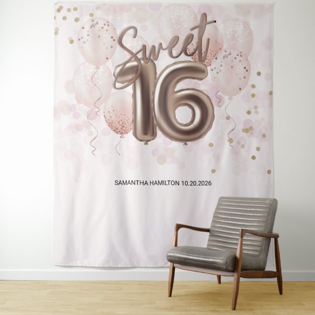 Rose Sweet 16 Bday Balloons Party Pink Backdrop (In Situ)