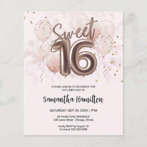 Rose Sweet 16 Bday Balloons Pink Budge Invitation