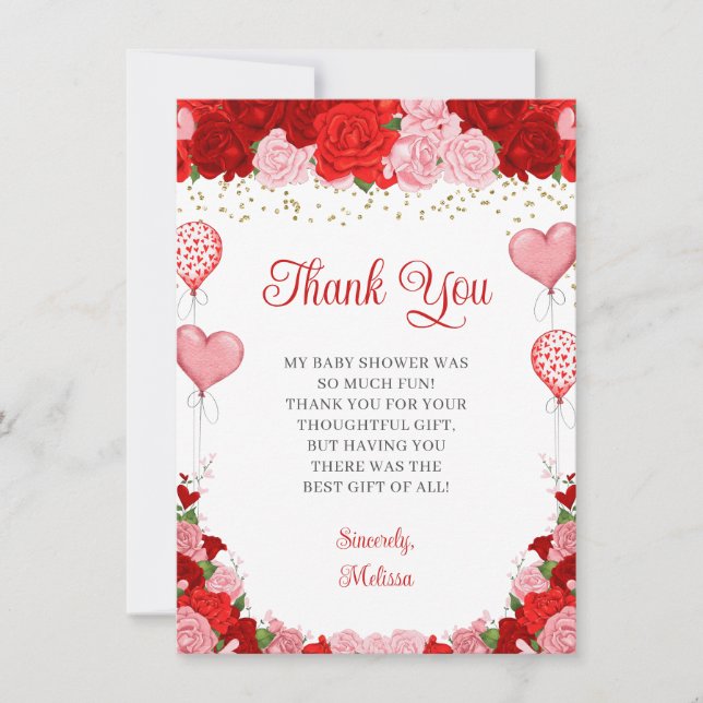 Rose Sweetheart Balloon Valentine Girl Baby Shower Thank You Card (Front)