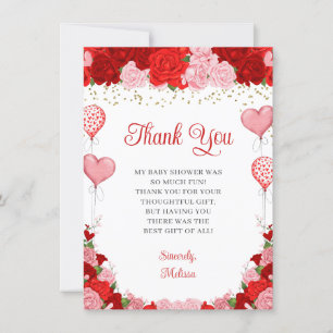 Rose Sweetheart Balloon Valentine Girl Baby Shower Thank You Card