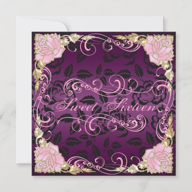 Rose & Swirl Pink Sweet 16 Birthday Invite (Front)