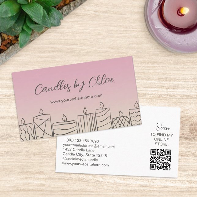 Rose & Tan Scribbled Candles Candle Maker QR Code Business Card (Creator Uploaded)