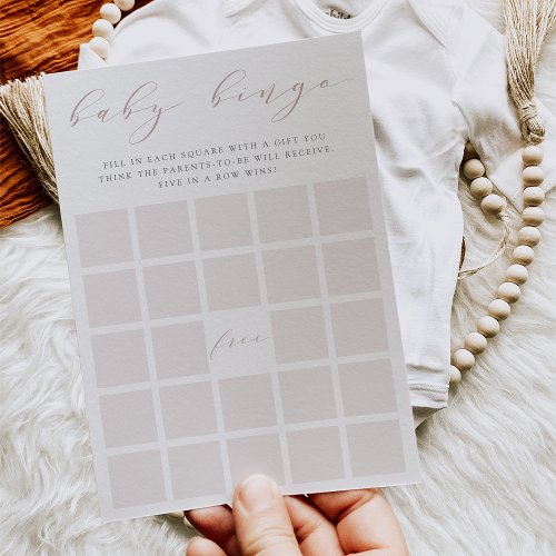 Rose Taupe Calligraphy Baby Shower Bingo Game Card