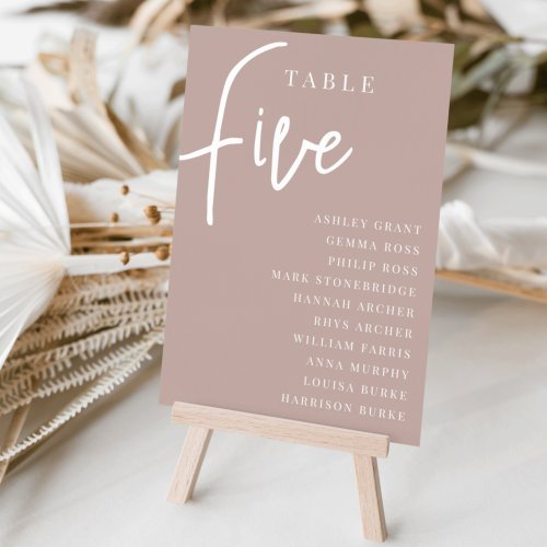 Rose Taupe Hand Scripted Table FIVE  Guest Names Table Number