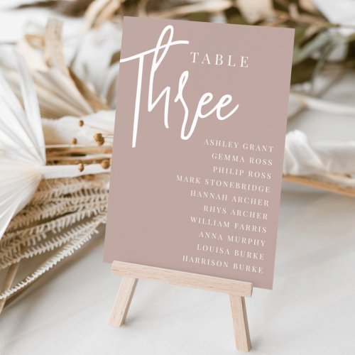 Rose Taupe Hand Scripted Table THREE  Guest Names Table Number