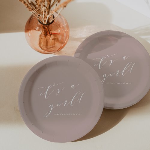 Rose Taupe Its a Girl Calligraphy Baby Shower Paper Plates
