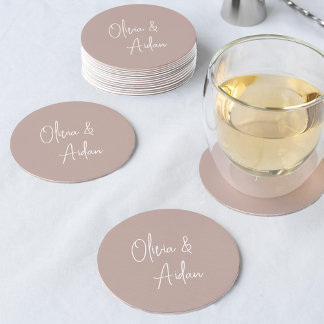 Rose Taupe | Modern Handwritten Script Wedding Round Paper Coaster