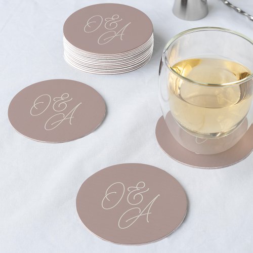 Rose Taupe  Oversized Script Monogram Wedding Round Paper Coaster