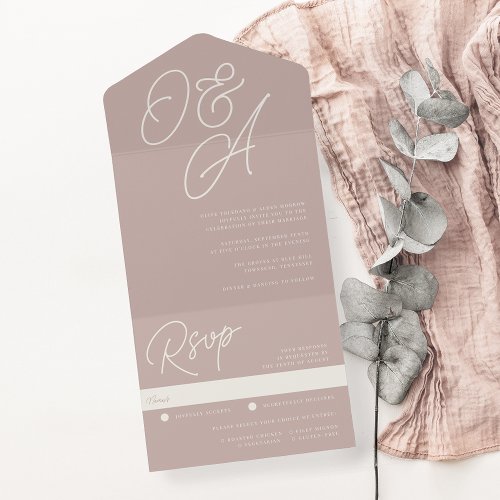 Rose Taupe  Script Watermark Monogram Wedding All In One Invitation