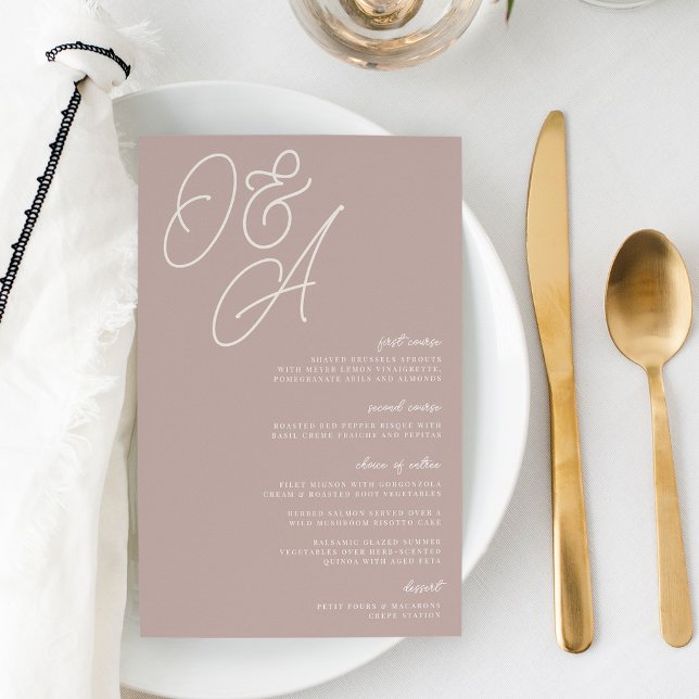 Rose Taupe Script Watermark Monogram Wedding Menu (Creator Uploaded)