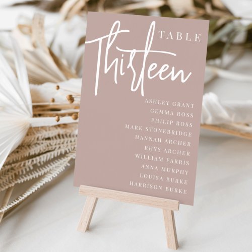 Rose Taupe Scripted Table THIRTEEN  Guest Names Table Number