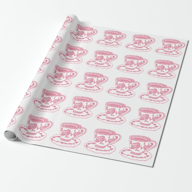 Rose Teacups Pattern Wrapping Paper (Unrolled)