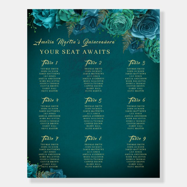 Rose Teal Swirl Gold Seating Chart Foam Boards (Front)