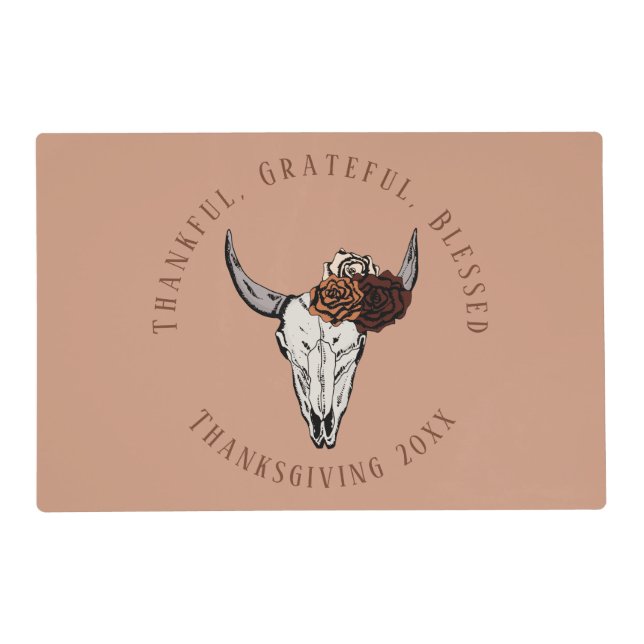 Rose Thanksgiving Gratitude Cow Skull and Roses Placemat (Front)