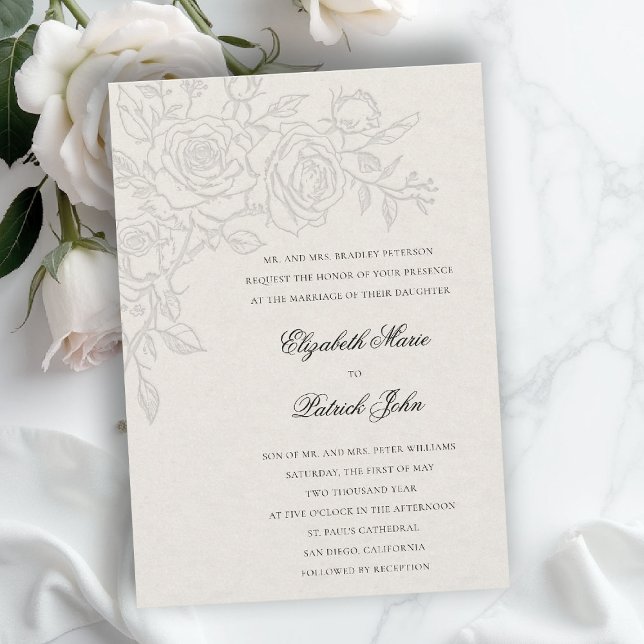 Rose Theme Beloved Ecru Formal Classic Wedding Invitation (formal traditional wedding invitation roses theme floral modern classic luxury pure ecru)