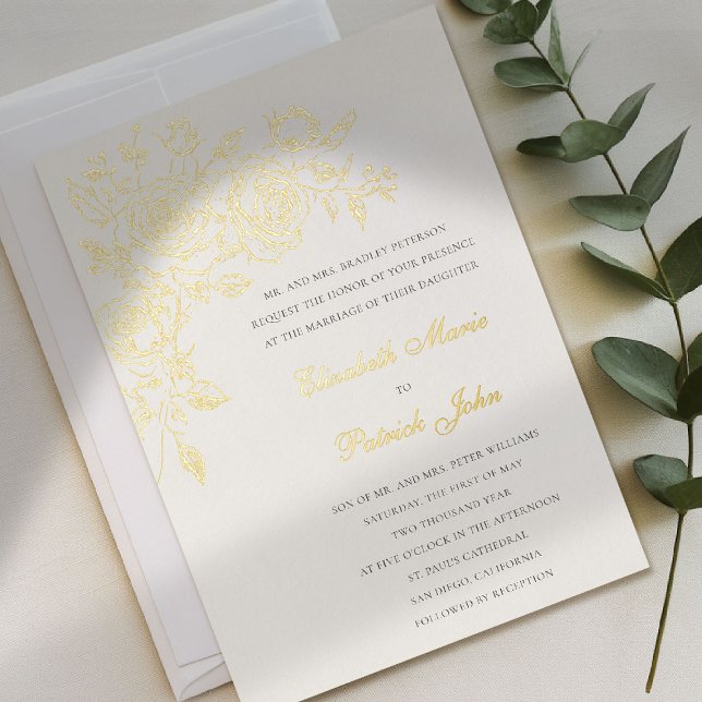 Rose Theme Forever Ecru Formal Classic Wedding Foil Invitation (gold foil wedding invitation rose theme floral formal traditional modern classic art sketch parents )