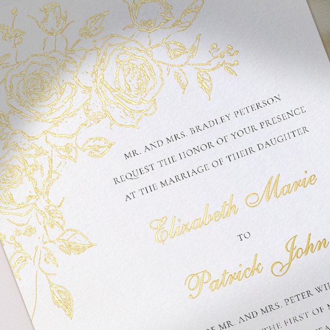 Rose Theme Forever White Formal Classic Wedding Foil Invitation (gold foil wedding invitation rose theme floral formal traditional modern classic art sketch luxury )