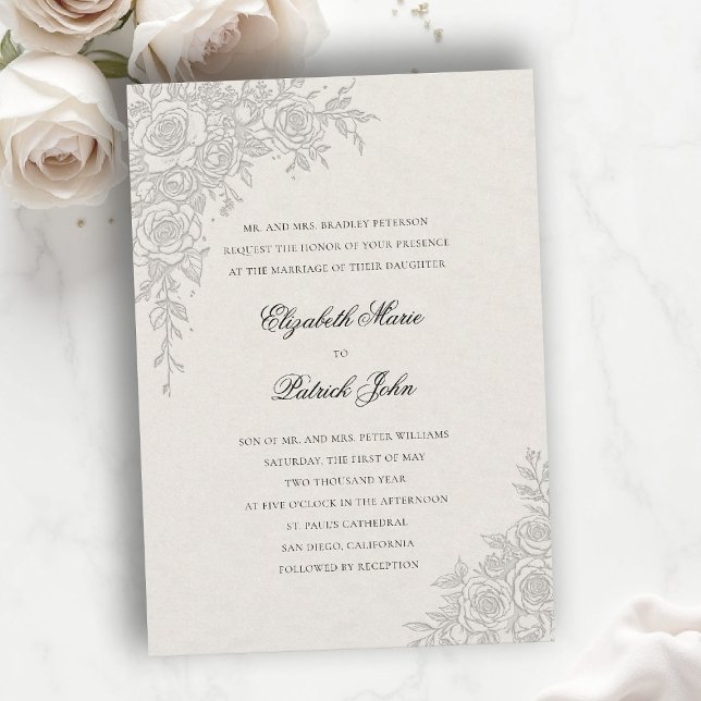 Rose Theme Graceful Ecru Formal Classic Wedding Invitation (formal traditional wedding invitation roses theme floral frame modern classic luxury pure ecru)