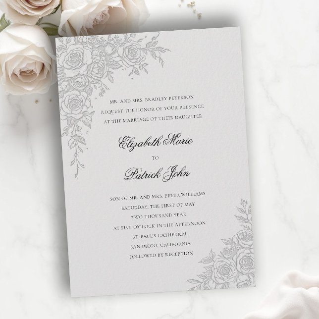 Rose Theme Graceful Ivory Formal Classic Wedding Invitation (formal traditional wedding invitation roses theme floral frame modern classic luxury pure ivory)