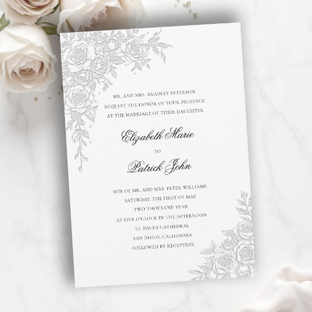 Rose Theme Graceful White Formal Classic Wedding Invitation (formal traditional wedding invitation roses theme floral frame modern classic luxury pure white)