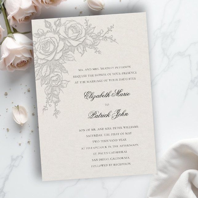 Rose Theme Timeless Ecru Formal Classic Wedding Invitation (formal traditional wedding invitation roses theme floral modern classic luxury ecru neutral cream)