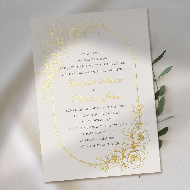 Rose Theme Treasured Ecru Formal Classic Wedding Foil Invitation (gold foil wedding invitation rose frame floral formal traditional modern classic sketch luxury ecru)