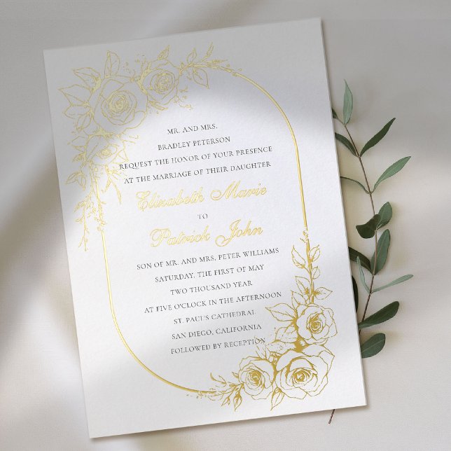 Rose Theme Treasured White Formal Classic Wedding Foil Invitation (gold foil wedding invitation rose frame floral formal traditional modern classic art sketch luxury)