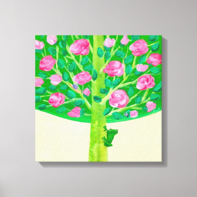 Rose Tree | Little Frog | Cheerful Pink & Green Canvas Print (Front)