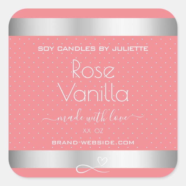 Rose Vanilla Scent Pink Silver Soy Candles Labels (Front)