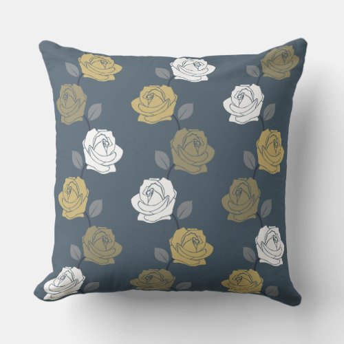 Rose Vine Pattern Blues Golds White Throw Pillow