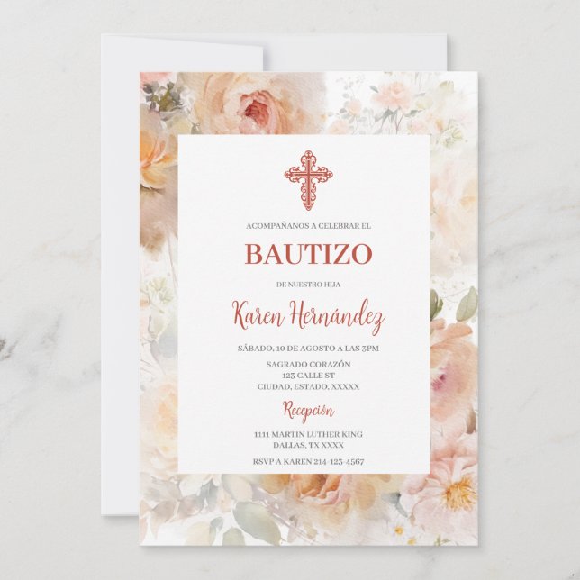 Rose water colored Baptism Spanish Invitation (Front)