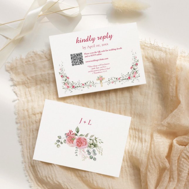 Rose Watercolor and Cross Christian Wedding  RSVP Card (RSVP Wedding Card Rose Watercolor with Cross)
