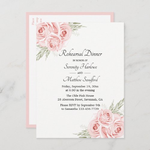 Rose Watercolor Blush Pink Floral Rehearsal Dinner Invitation Postcard
